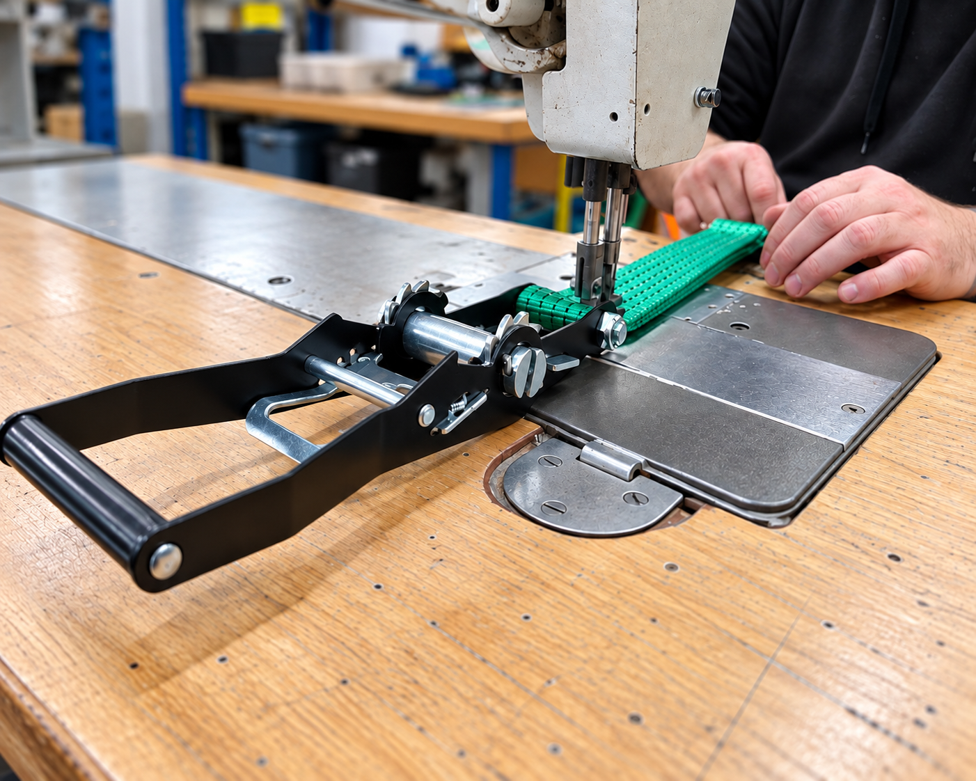 Green webbing being stitched at the Trans-Web factory